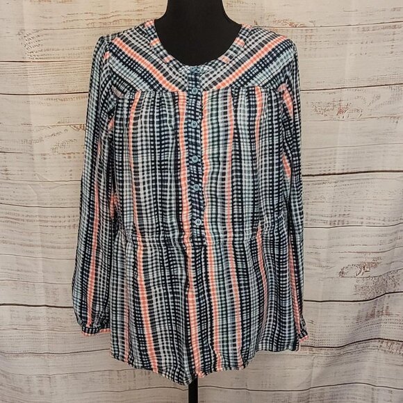 Plus Size Lane Bryant Blue & Pink Plaid Top | Cinch Tie Waist | Preppy - Picture 1 of 5